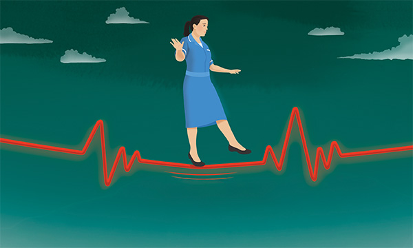 Illustration of a nurse walking a tight rope, shown as an ECG reading