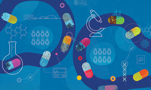 Illustration showing pills and research equipment related to clinical trials