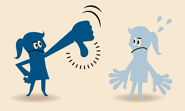 Cartoon illustration of two figures, one giving the other a big thumbs down