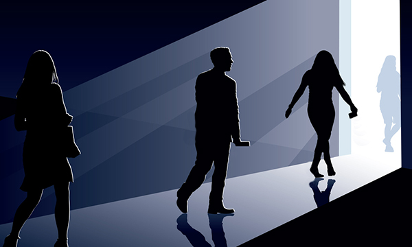 Illustration of people walking out a door