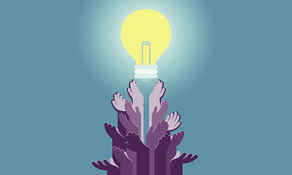 Diverse hands lead up to light bulb