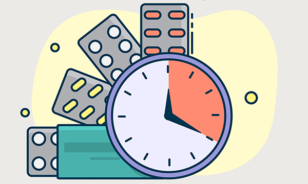 Illustration of clock and blister packs of pills