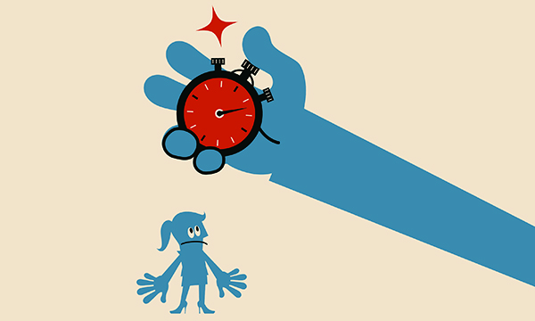 Illustration of a figure standing under a huge hand with a giant stopwatch
