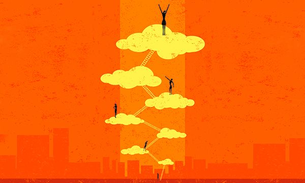 Figures climbing up an interconnected series of clouds