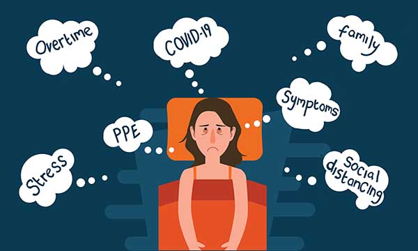 Image of a person lying in bed but unable to sleep due to thoughts such as 'PPE', 'social distancing' and 'work', shown as speech bubbles