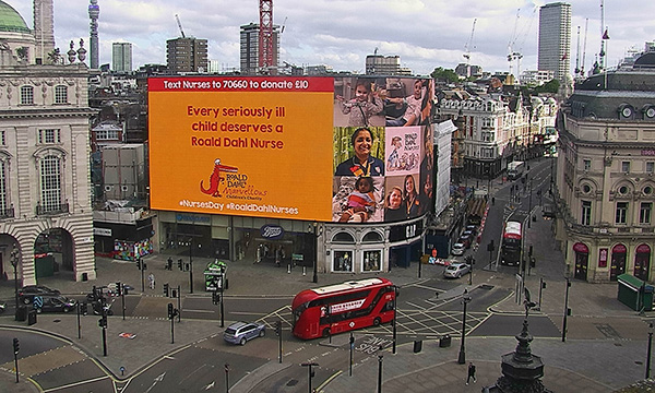The&nbsp;Roald Dahl’s Marvellous Children’s Charity fundraising message at Piccadilly Circus, London