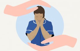 Image of a female medic holding her hands to her face in distress, with images of comforting hands above and below her