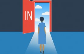 Illustration showing a nurse standing in front open an open door with the sign 'In', choosing to opt in to a clinical placement