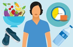 Illustration shows a nurse surrounded by images of key elements needed when working shifts: comfortable shoes; fruit and vegetables; time for hydration and a break, shown by a clock face and a cup; a bottle of water