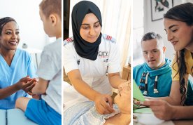 Montage of three images, from left: a smiling nursing student comforts a young child in a clinical setting; a nursing student attends to the needs of a patient at the bedside; and a nursing student is in conversation with a young person with learning disa