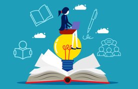 Individual learning styles: what suits you best? An illustration of a woman using a laptop sitting on top of a lightbulb that is springing out of an open book, illustrations indicating four different learning styles surround her 