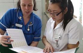 Learning how to deliver handover: a nursing student checking patient records with a senior nurse as part of the handover process