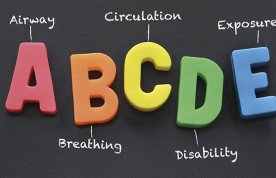 ABCDE healthcare risk assessment tool: illustration showing each element of the ABCDE tool in capital letters in bright colours, with the words Airway, Breathing, Circulation, Disability and Exposure around the letters