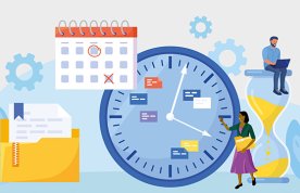 Time management skills for nursing students: illustration of a nursing student and a lecturer, surrounded by giant images of a clock, a coursework folder, a calendar and an hourglass timer