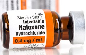 Phial of injectable naloxone, used to reverse the effects of opioid overdose pending further emergency care