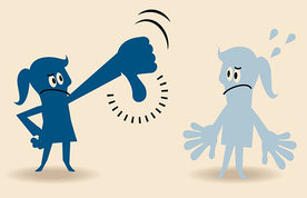 Cartoon illustration of two figures, one giving the other a big thumbs down