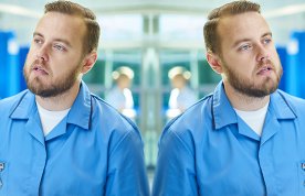 Split screen photograph of nurse being pulled in two different directions