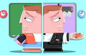 Cartoon showing student in classroom on one side and then as a waiter on the other