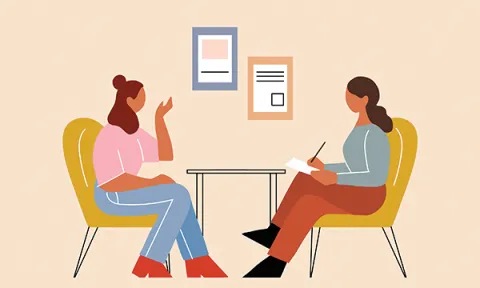 Illustration showing a research supervisor giving feedback to a nurse researcher who is taking notes
