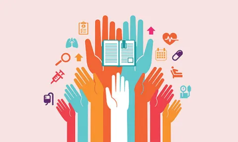 Image shows an illustration of hands reaching up towards an open book: time for nurse research is often a casualty of high workloads and low staffing levels, but it is important to actively promote the value of developing and advancing nursing knowledge