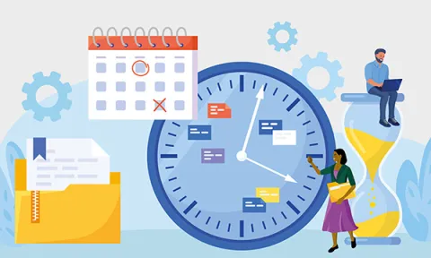 Time management skills for nursing students: illustration of a nursing student and a lecturer, surrounded by giant images of a clock, a coursework folder, a calendar and an hourglass timer