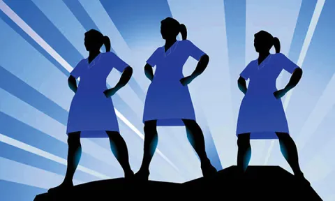 Nurse leadership: illustration of three nurses standing with arms akimbo with an image of the sunrise behind them