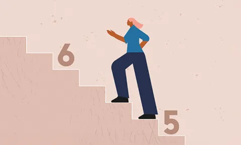 Band 5 to band 6 nurse: illustration of a nurse taking a confident step up on a flight of stairs as she moves from a band 5 to a band 6 role