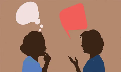 Illustration of two nurses, one receiving negative feedback from her manager and looking unsure