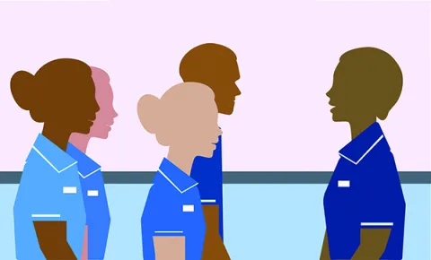 Everyday nurse leadership: illustration showing a nurse speaking to a group of four nurses