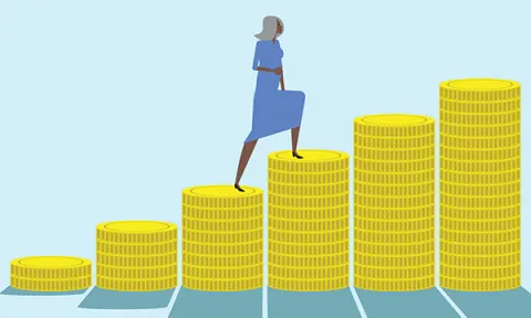 NHS pension opt-out: nurse figure climbs up stepped piles of coins