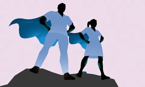 The nurse as superhero trope can be damaging: two nurses stand atop a cliff, hands on hips while wearing capes