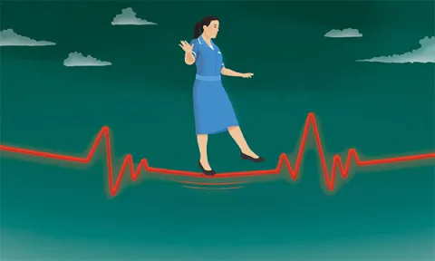Illustration of a nurse walking a tight rope, shown as an ECG reading