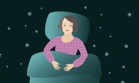 Woman with dark circles under her eyes illustrated lying sleepless in a bed that floats in a starry sky