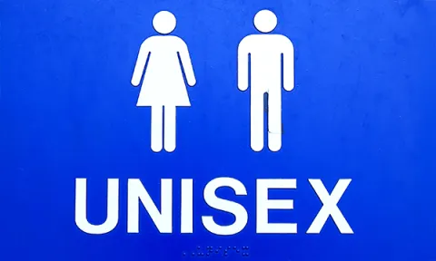 A toilet sign with images for female and male and the word ‘Unisex’