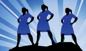 Nurse leadership: illustration of three nurses standing with arms akimbo with an image of the sunrise behind them