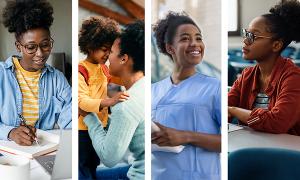 Flexible nursing degree: montage of woman in four contexts – home learning, parenting, on clinical placement and attending university lecture