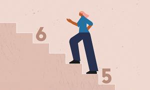 Band 5 to band 6 nurse: illustration of a nurse taking a confident step up on a flight of stairs as she moves from a band 5 to a band 6 role