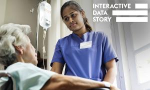 Bank nursing shift: a bank nurse in scrubs stands alongside a patient who is sitting in a wheelchair