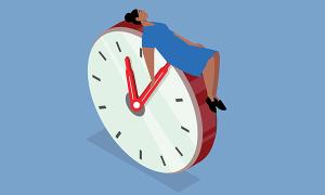 Nurse working hours: exhausted nurse drawn draped over a clock