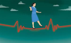 Illustration of a nurse walking a tight rope, shown as an ECG reading
