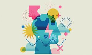 Illustration shows a head with symbols around it suggesting thoughts and ideas
