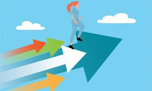 Fairer nursing pay: nurse illustrated on upward upward arrows heading skywards