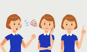 Illustration showing a woman looking first shocked, then troubled, then happy and calm