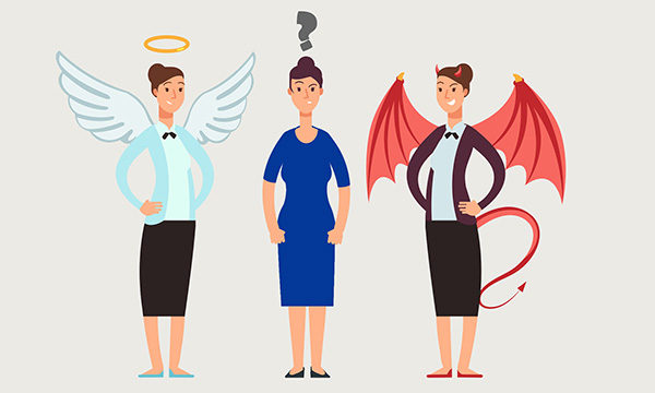 An illustration of a woman standing between an angelic and demonic version of herself