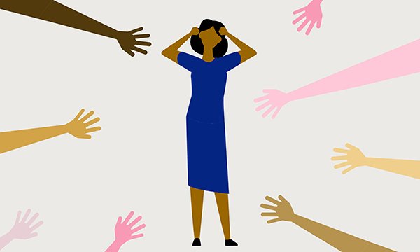 nurse appears stressed as needy hands surround her