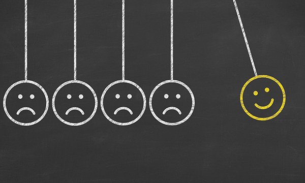 executive balls with happy face and frowning faces