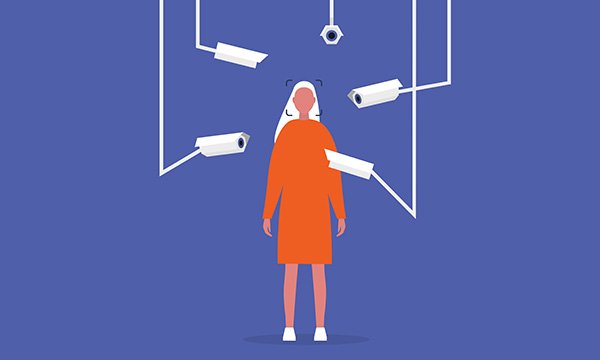 illustration shows figure surrounded by security cameras – as trial suggests some benefits from their use