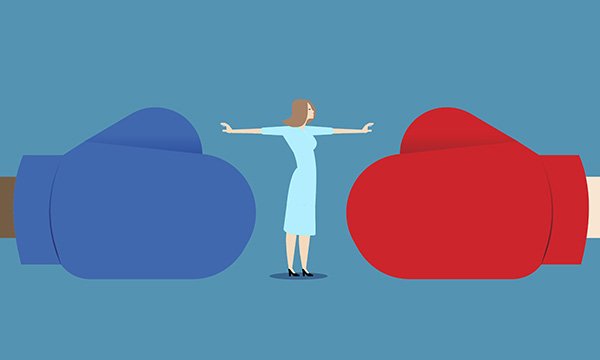 illustration shows nursing support worker standing between opposing boxing gloves in red and blue