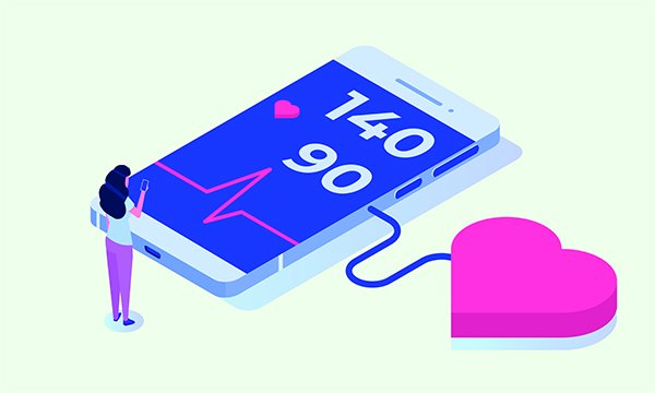 Stock image of heart graphic and screen with high blood pressure reading 