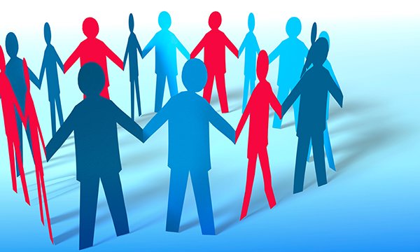 illustration shows figures holding hands in a circle – most are in blue but some are picked out in red